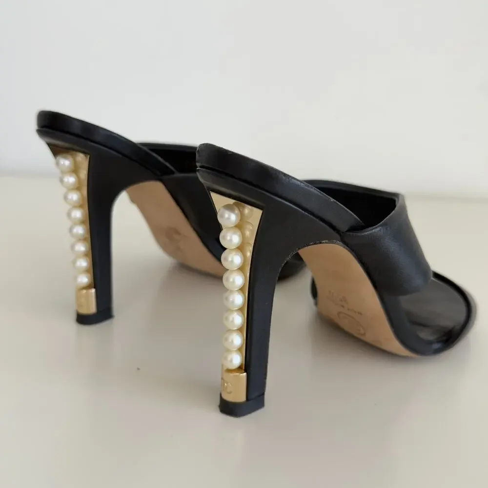 CHANEL‎ Pearl Heel Mules 35 1/2 Black Leather Double Strap Slide Heeled Sandals